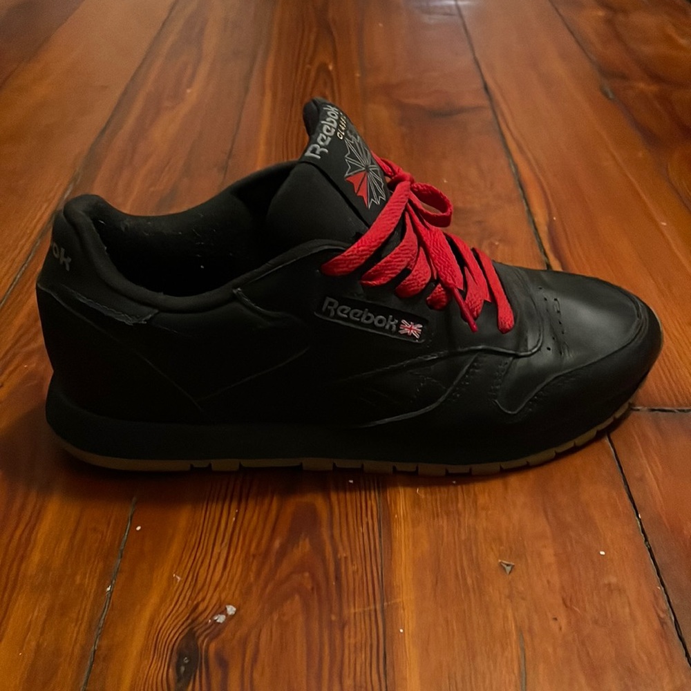 Reebok Classics- black leather with red laces! Timeless & easy wearing.
